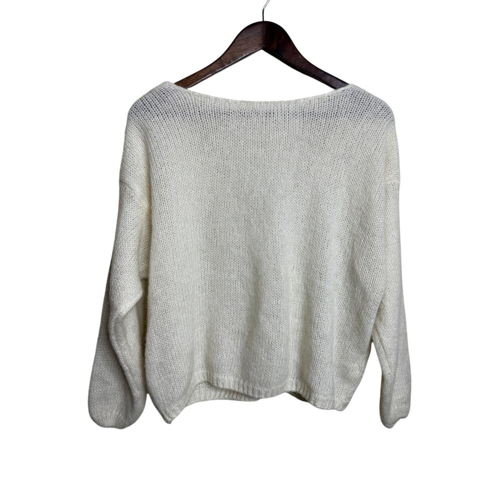 Ujcoo Paris Mohair Wool Blend Ivory Back Button Balloon Sleeve Sweater One Size